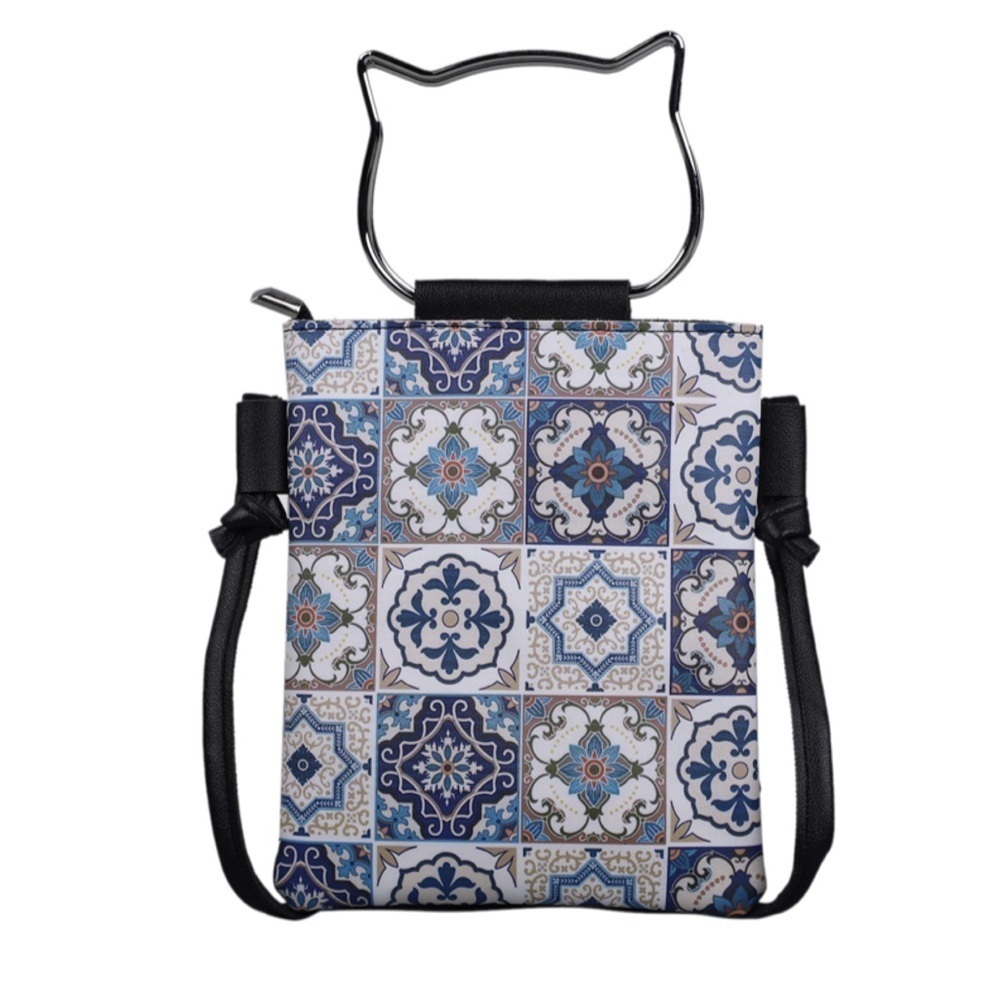 Bohemian Checker Pattern Crossbody Bag with Cat Shaped Handle - White an…